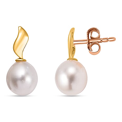 9K Yellow Gold 6.5mm x 7.5mm Freshwater Pearl and Curved Ellipse 6.5mm x 15mm Stud Earrings