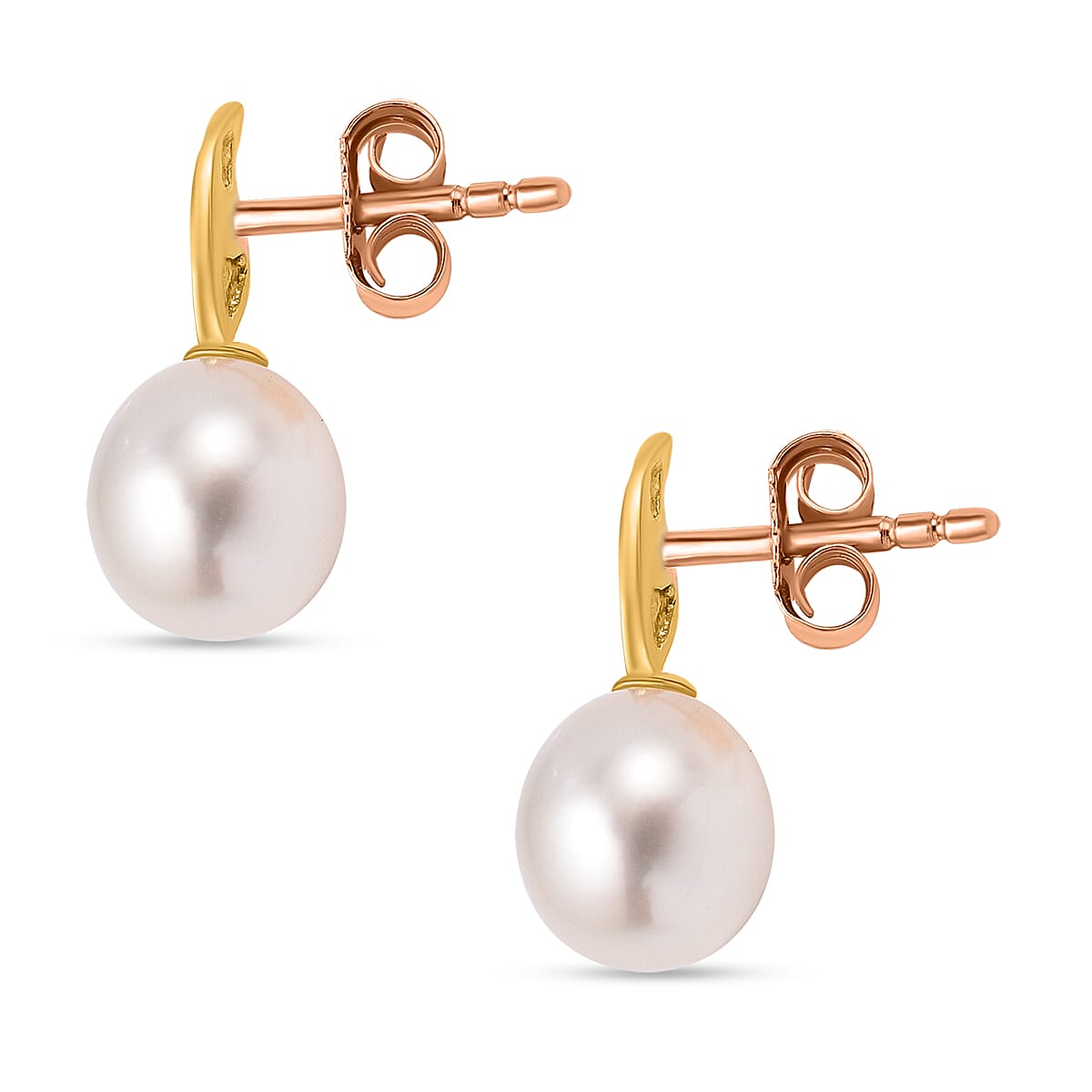 9K Yellow Gold 6.5mm x 7.5mm Freshwater Pearl and Curved Ellipse 6.5mm x 15mm Stud Earrings
