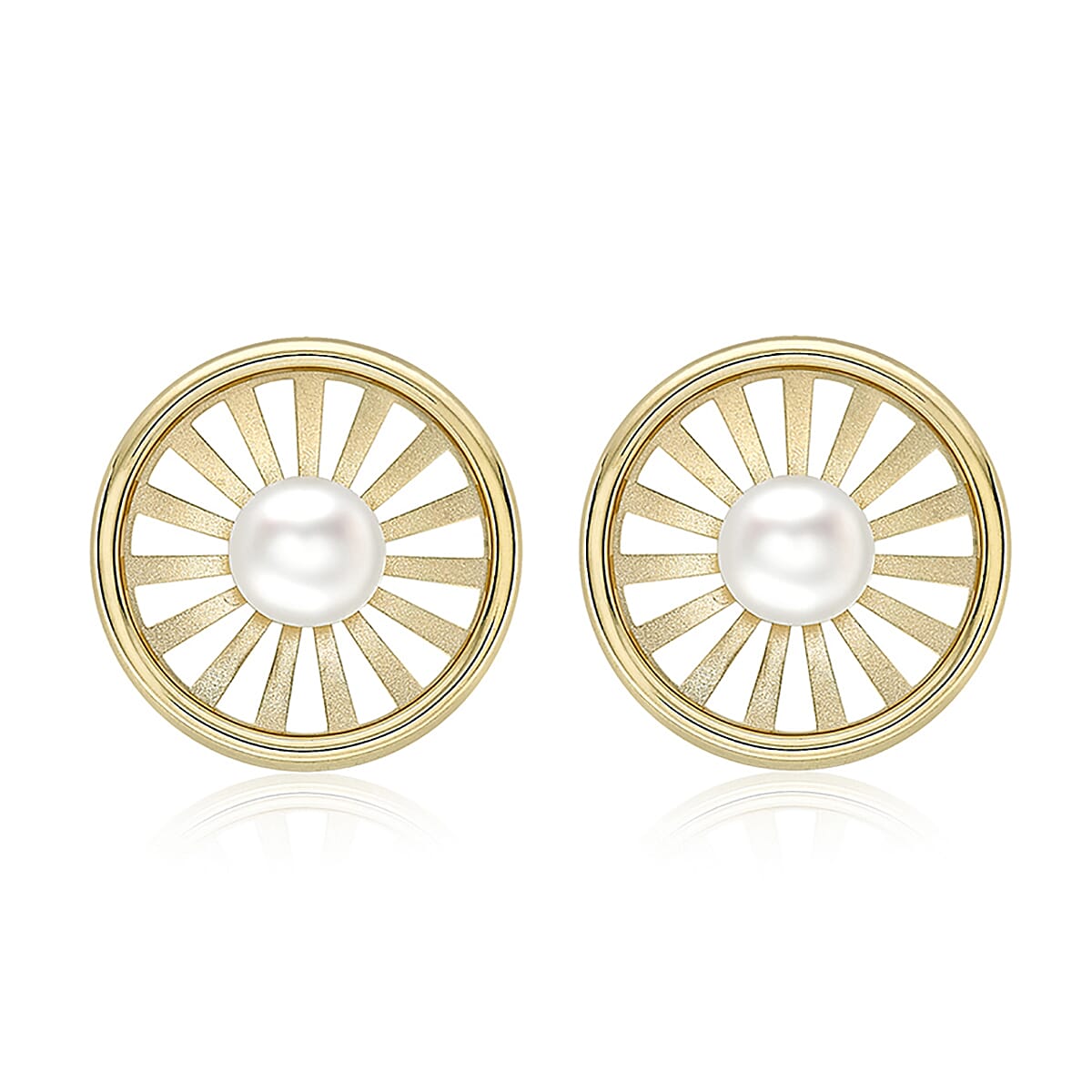 9K Yellow Gold Freshwater Pearl 12.5mm Polished and Satin Sunrays Stud Earrings