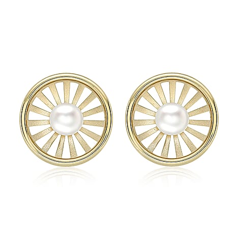 9K Yellow Gold Freshwater Pearl 12.5mm Polished and Satin Sunrays Stud Earrings