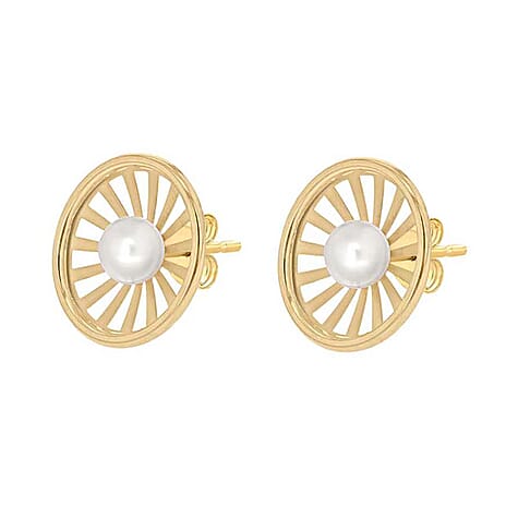 9K Yellow Gold Freshwater Pearl 12.5mm Polished and Satin Sunrays Stud Earrings