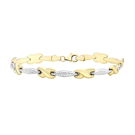 9K 2 Colour Gold Diamond Cut Bar And Kiss Link Bracelet 7.5 Inch