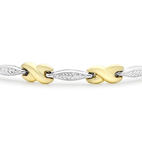 9K 2 Colour Gold Diamond Cut Bar And Kiss Link Bracelet 7.5 Inch