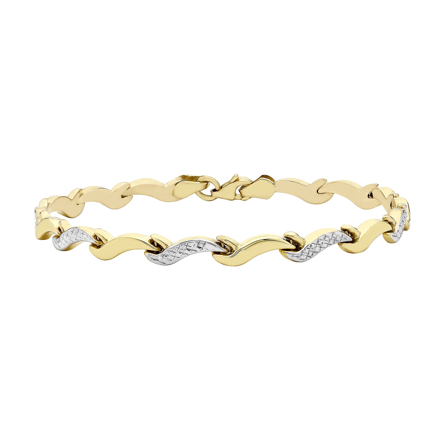 9K 2 Colour Gold Diamond Cut Wave Link Bracelet 7.5 Inch