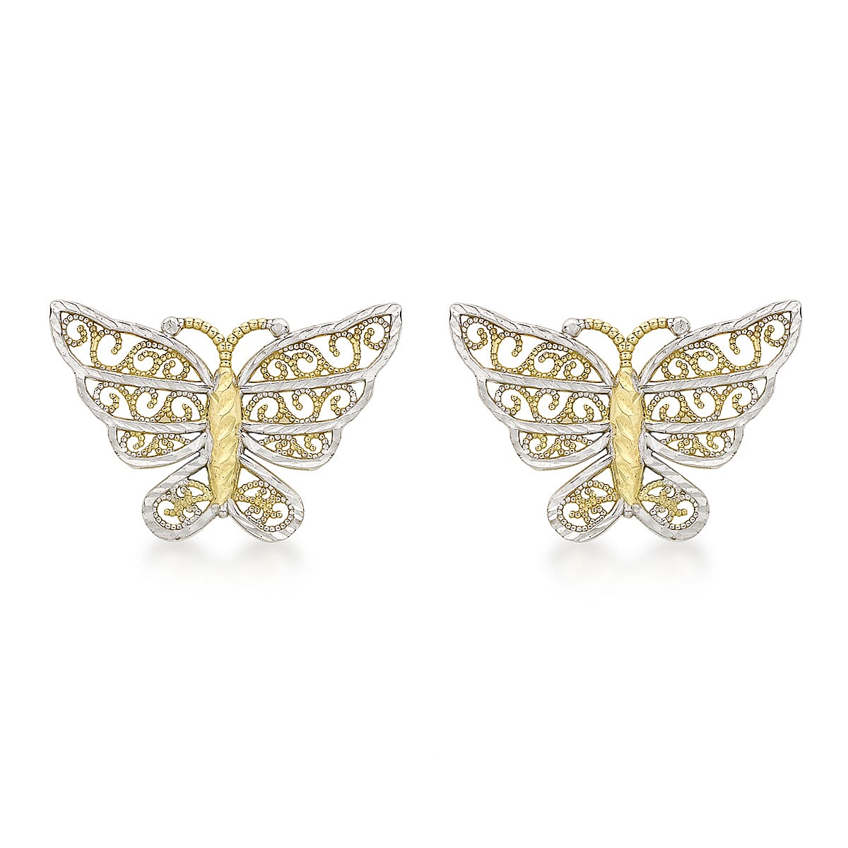 9K 2 Colour Gold 17mm X 12mm Diamond Cut Butterfly Stud Earrings