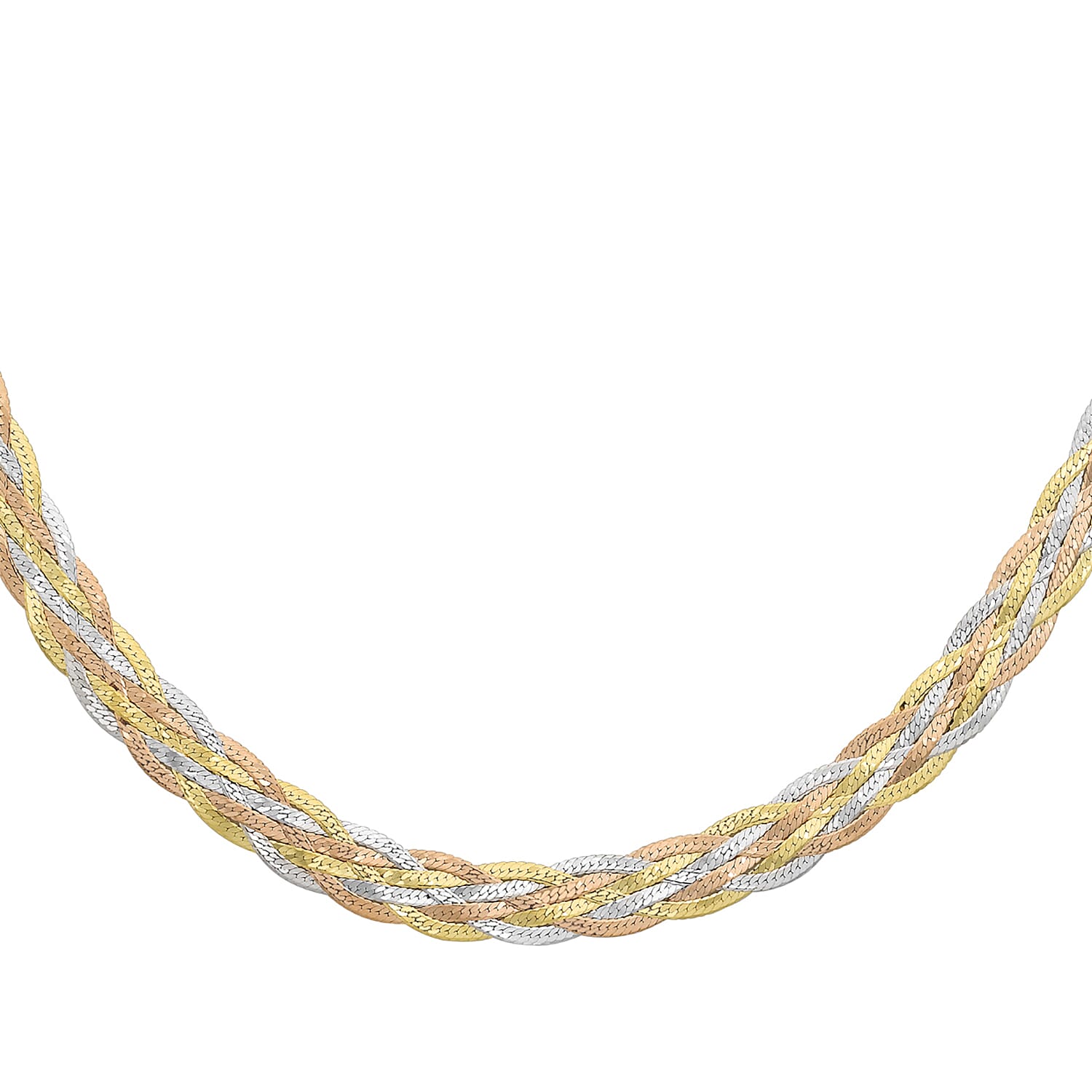 9K 3 Colour Gold 6 Plait Textured Herringbone Necklace 18 Inch