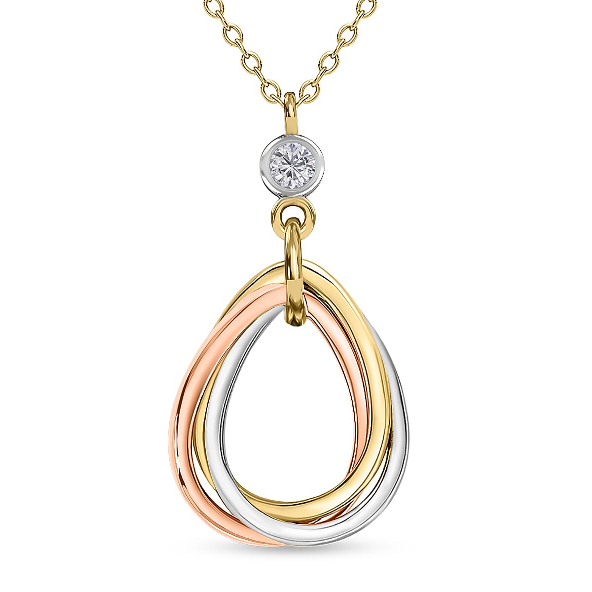 9K 3 Colour Gold CZ 15.8mm X 29.3mm Linked Teardrop Trace Chain Adjustable Necklace 16-18 Inch