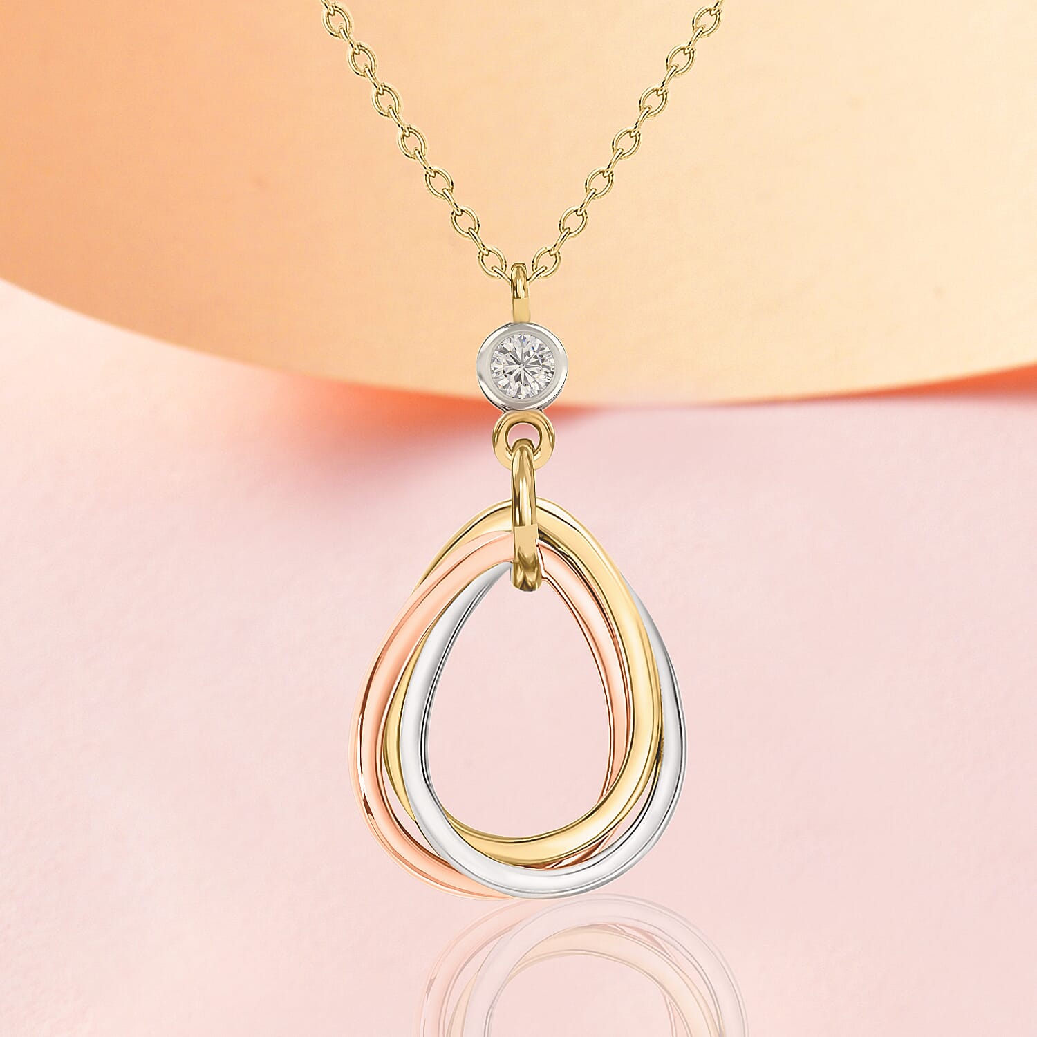 9K 3 Colour Gold CZ 15.8mm X 29.3mm Linked Teardrop Trace Chain Adjustable Necklace 16-18 Inch