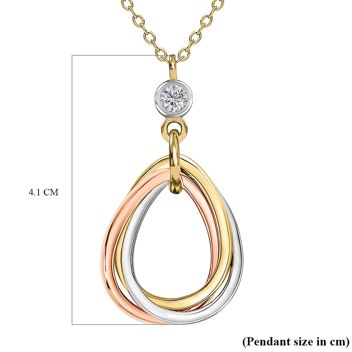 9K 3 Colour Gold CZ 15.8mm X 29.3mm Linked Teardrop Trace Chain Adjustable Necklace 16-18 Inch