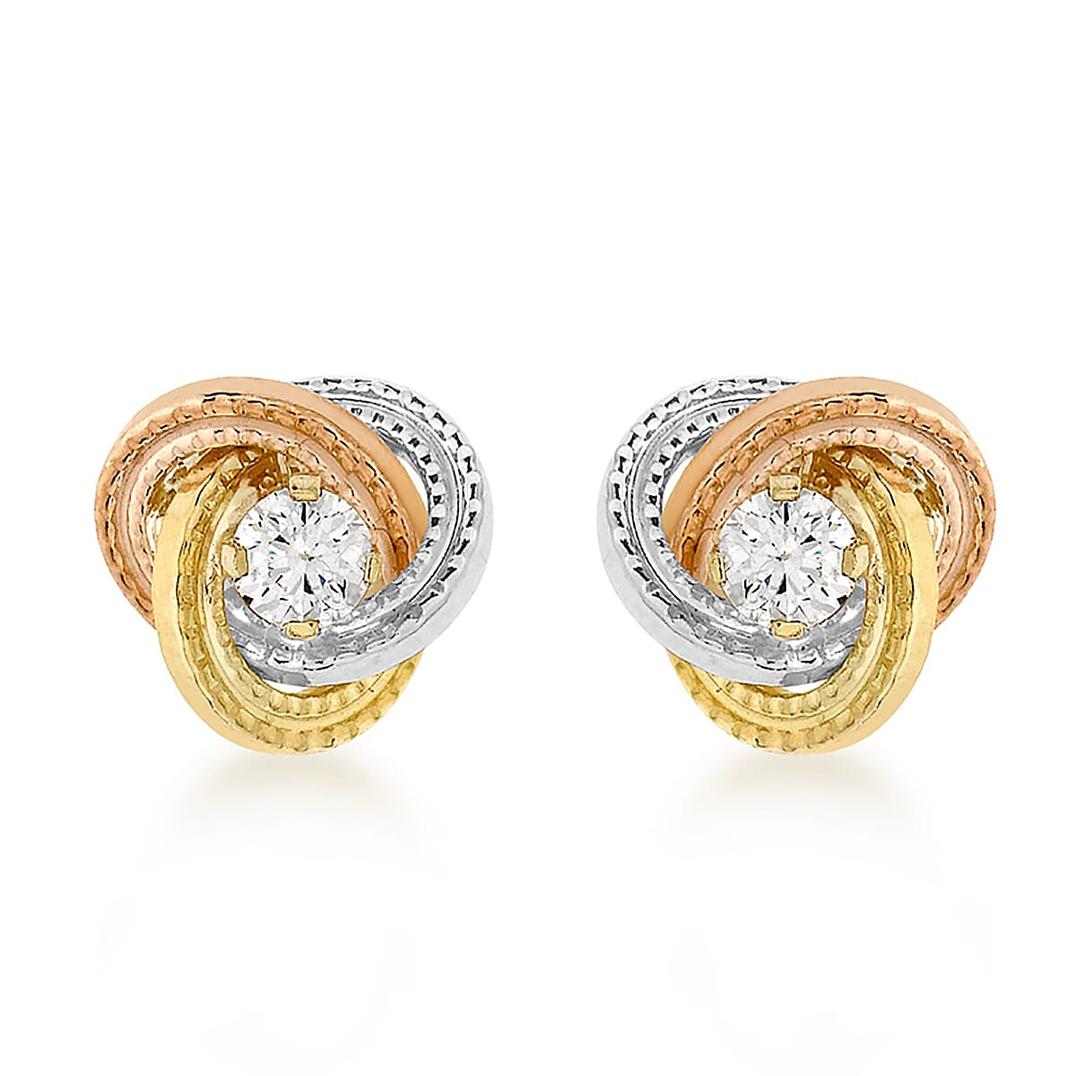 9K 3 Colour Gold 3mm Cubic Zirconia 8mm Knot Stud Earrings