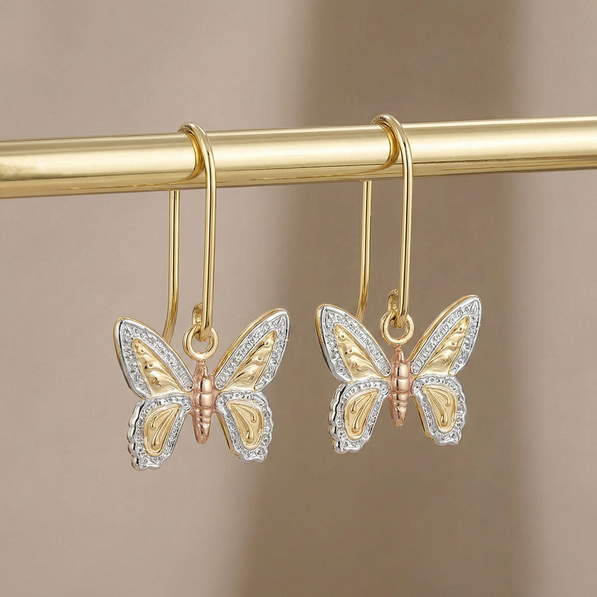 9K 3 - Colour Gold Textured Butterfly Drop Earrings with Hook