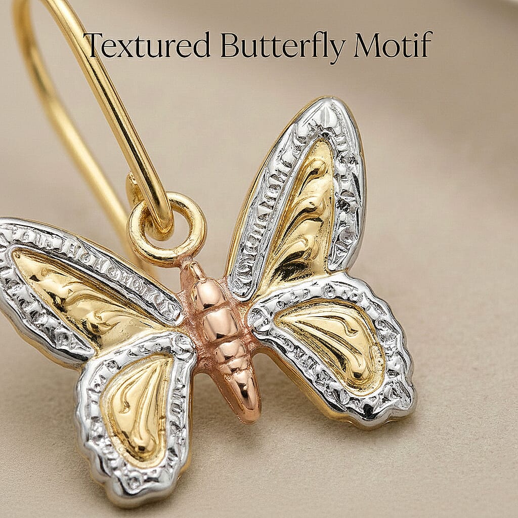 9K 3 - Colour Gold Textured Butterfly Drop Earrings with Hook