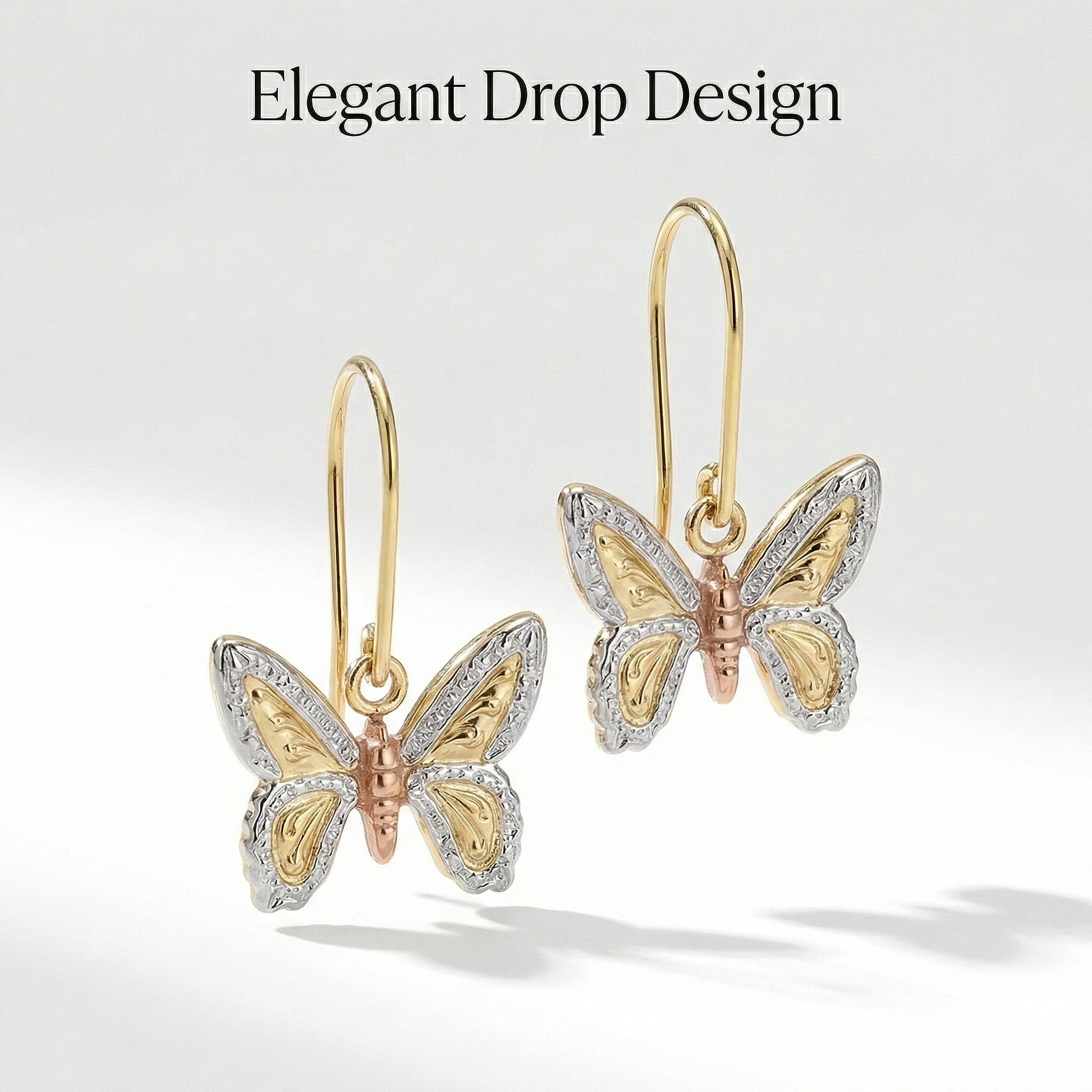 9K 3 - Colour Gold Textured Butterfly Drop Earrings with Hook
