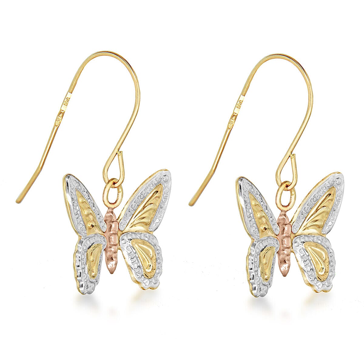 9K 3 - Colour Gold Textured Butterfly Drop Earrings with Hook