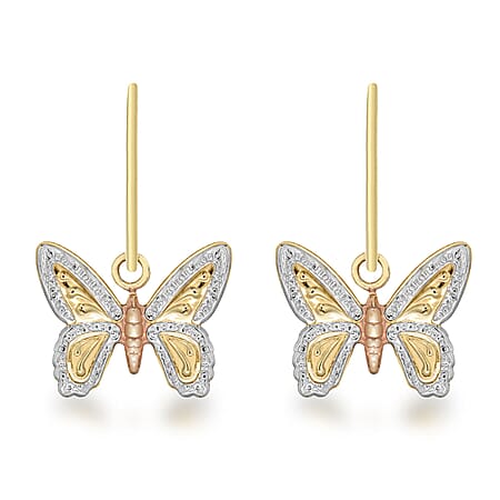 9K 3 Colour Gold 11mm X 15mm Textured Butterfly Drop Earrings