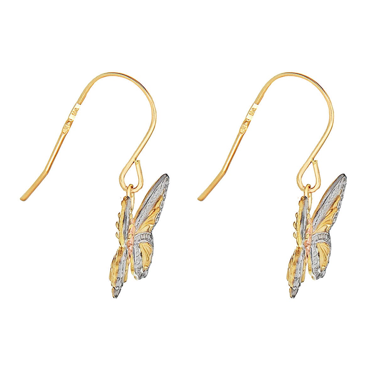 9K 3 Colour Gold 11mm X 15mm Textured Butterfly Drop Earrings