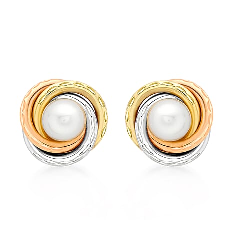 9K 3 Colour Gold 6mm Freshwater Pearl 12mm Diamond Cut Knot Stud Earrings