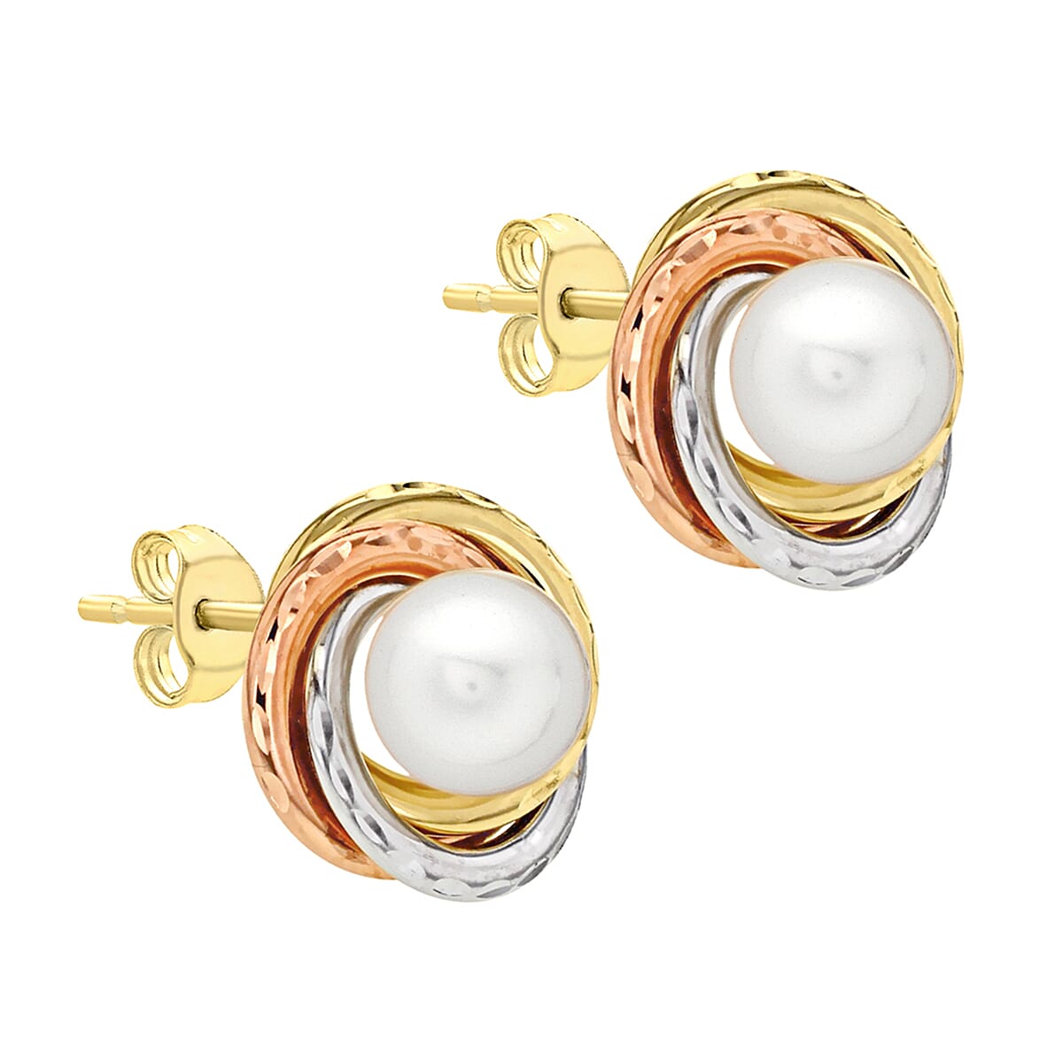 9K 3 Colour Gold 6mm Freshwater Pearl 12mm Diamond Cut Knot Stud Earrings