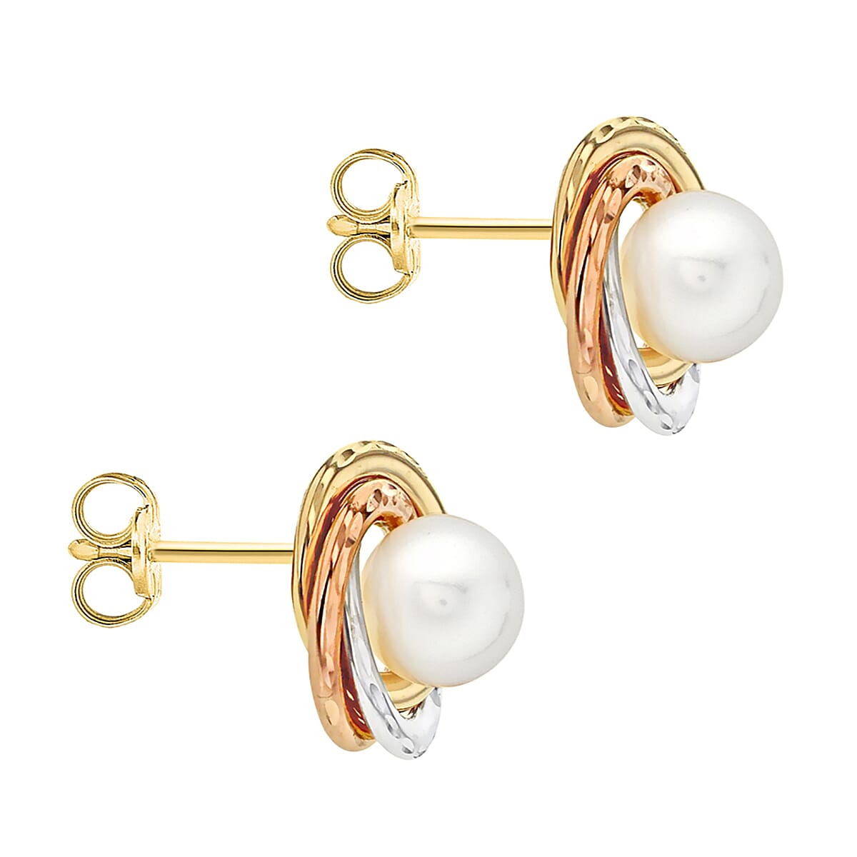 9K 3 Colour Gold 6mm Freshwater Pearl 12mm Diamond Cut Knot Stud Earrings