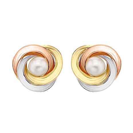 9K 3 Colour Gold 6mm Freshwater Pearl 15mm Knot Stud Earrings
