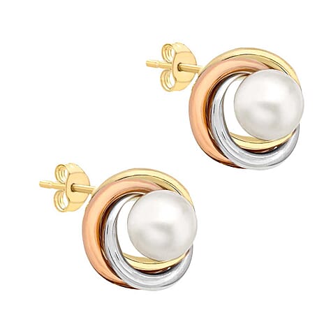 9K 3 Colour Gold 6mm Freshwater Pearl 15mm Knot Stud Earrings
