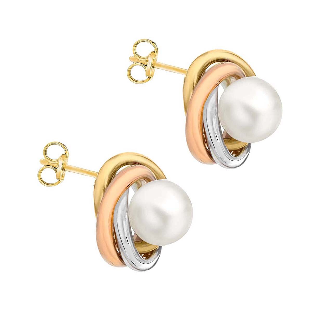 9K 3 Colour Gold 6mm Freshwater Pearl 15mm Knot Stud Earrings