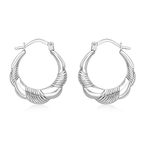 9K White Gold 19mm X 22mm Patterned Scallop Edge Creole Earrings