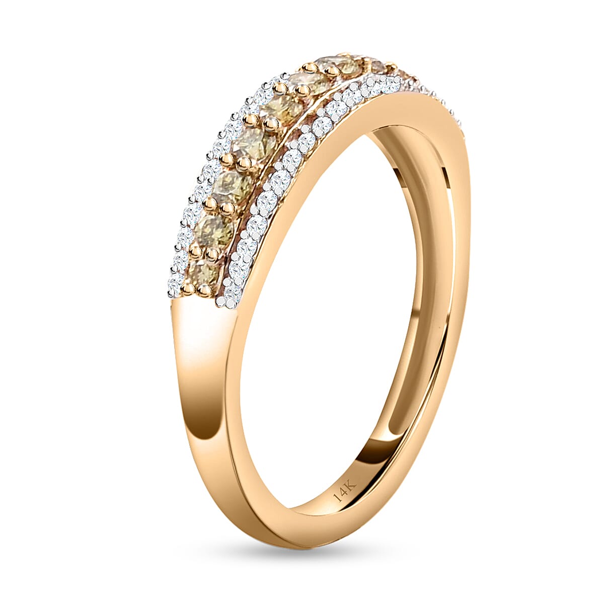 14K Yellow Gold SGL Certified Natural Green Diamond (I1-I2) and White Diamond (I1-I2-G-H) Band Ring 0.50 Ct