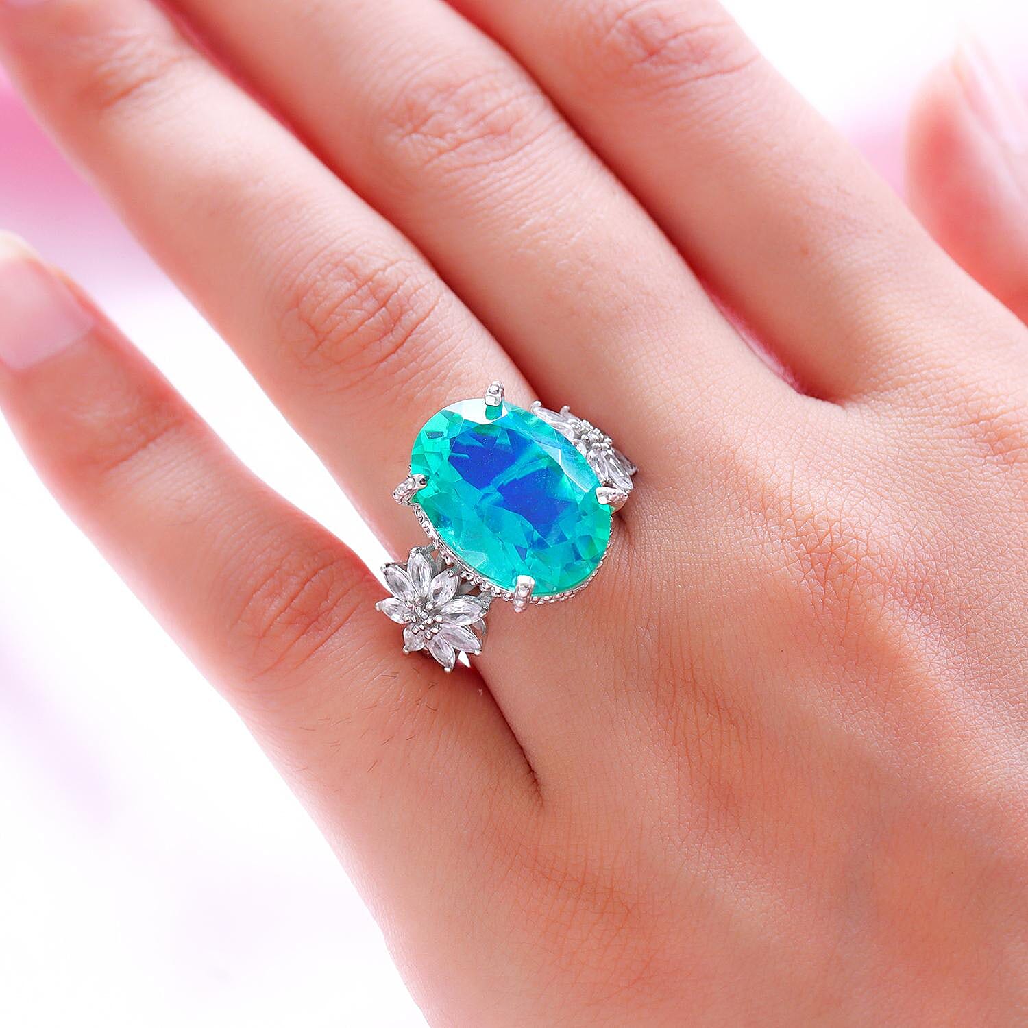 Peacock Quartz and Natural Zircon Ring in Platinum Overlay Sterling Silver 14.13 Ct, Silver Wt. 5.52 Gms