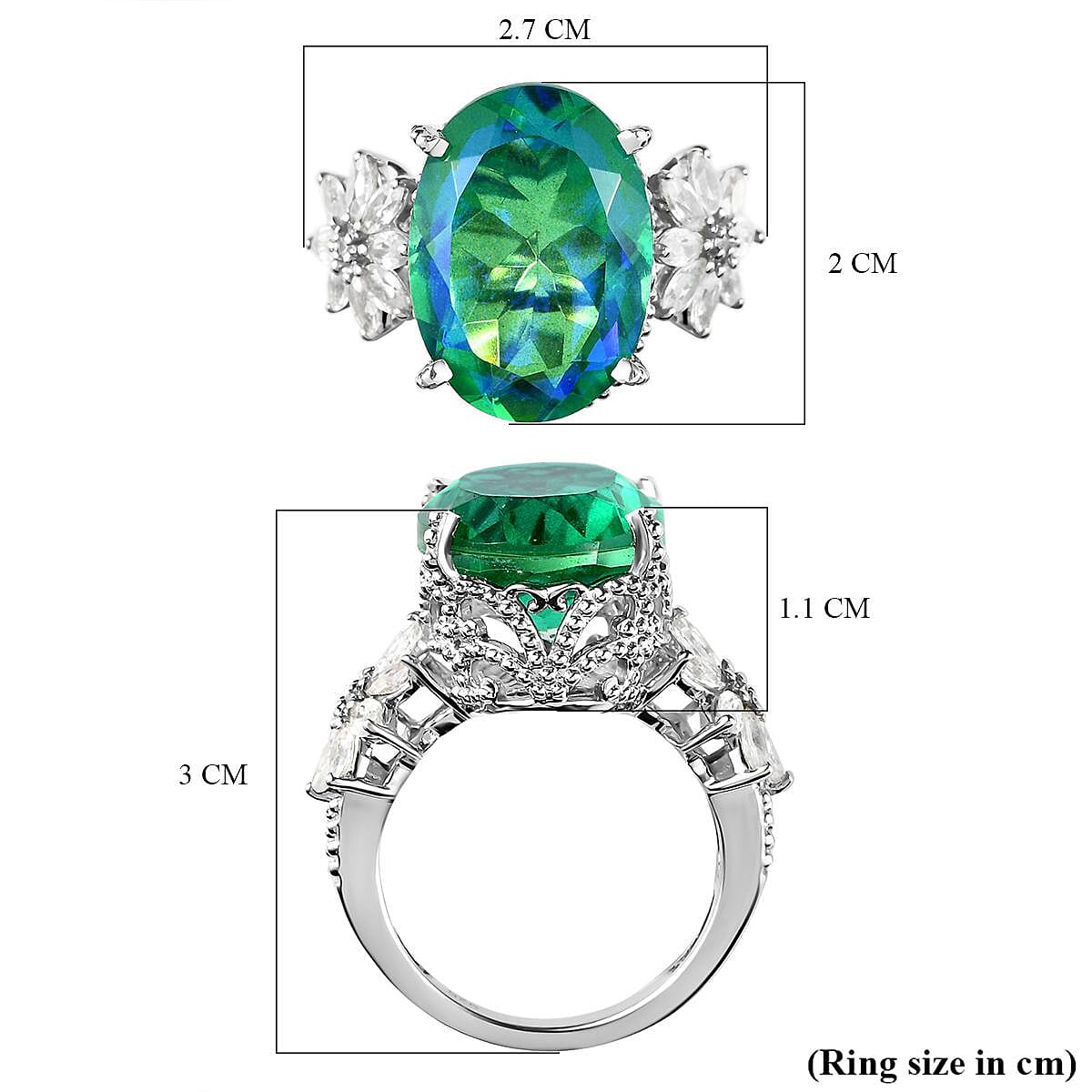 Peacock Quartz and Natural Zircon Ring in Platinum Overlay Sterling Silver 14.13 Ct, Silver Wt. 5.52 Gms