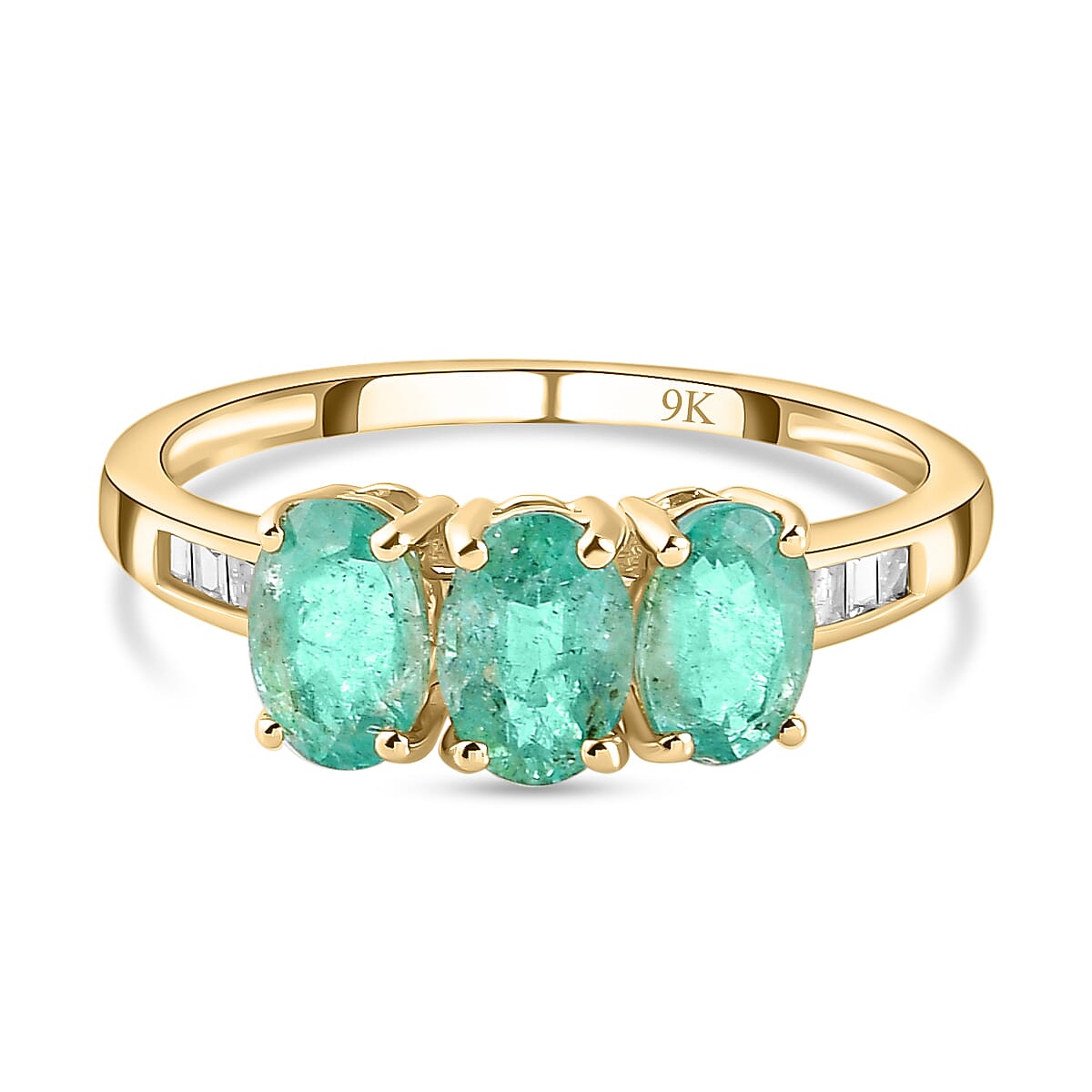 9K Yellow Gold  AA   Zambian Emerald ,  White Diamond  3 Stone Ring ,Gold Wt. 1.21 Gms  1.26  Ct.