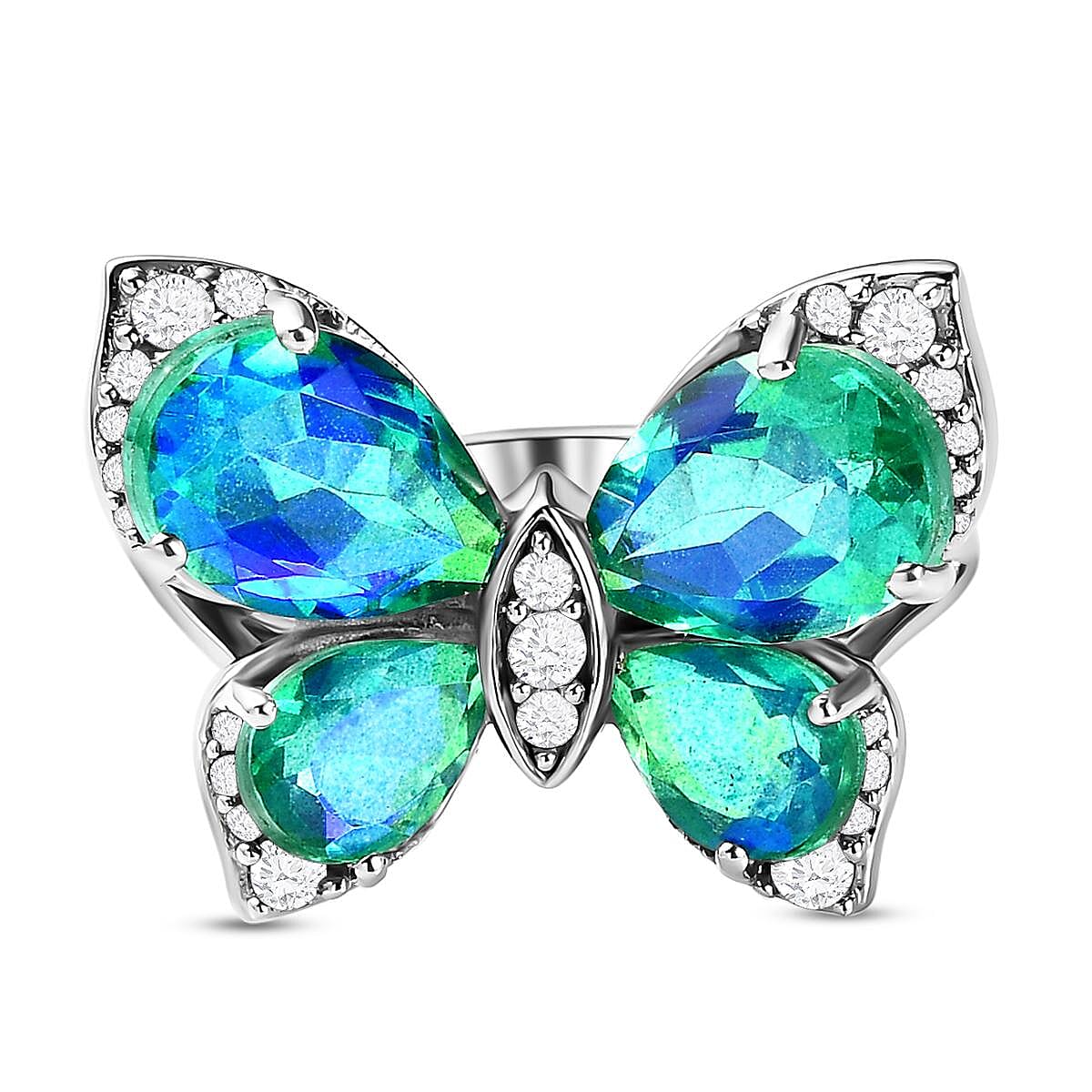 Peacock Triplet Quartz and Natural Cambodian Zircon Butterfly Ring in Platinum Overlay Sterling Silver 6.72 Ct.