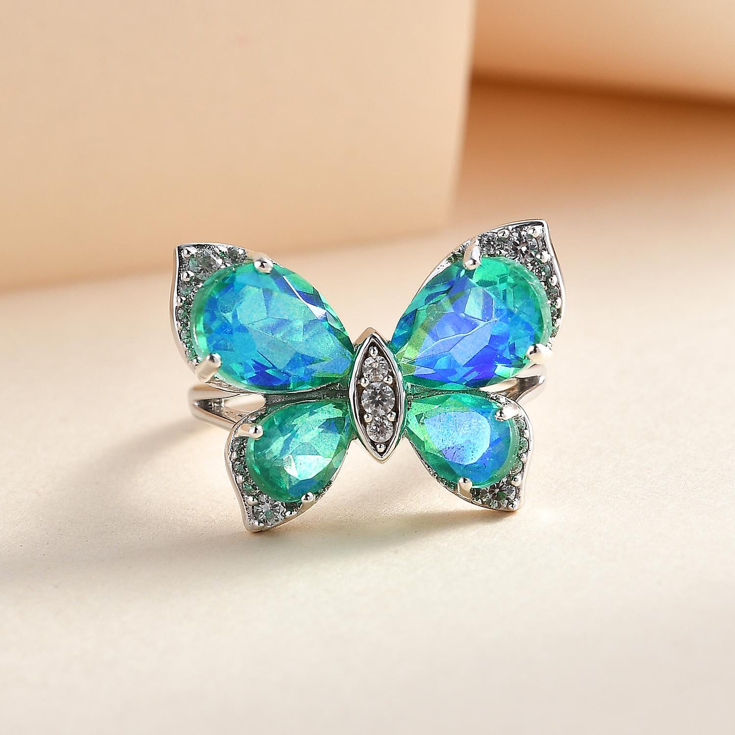 Peacock Triplet Quartz and Natural Cambodian Zircon Butterfly Ring in Platinum Overlay Sterling Silver 6.72 Ct.