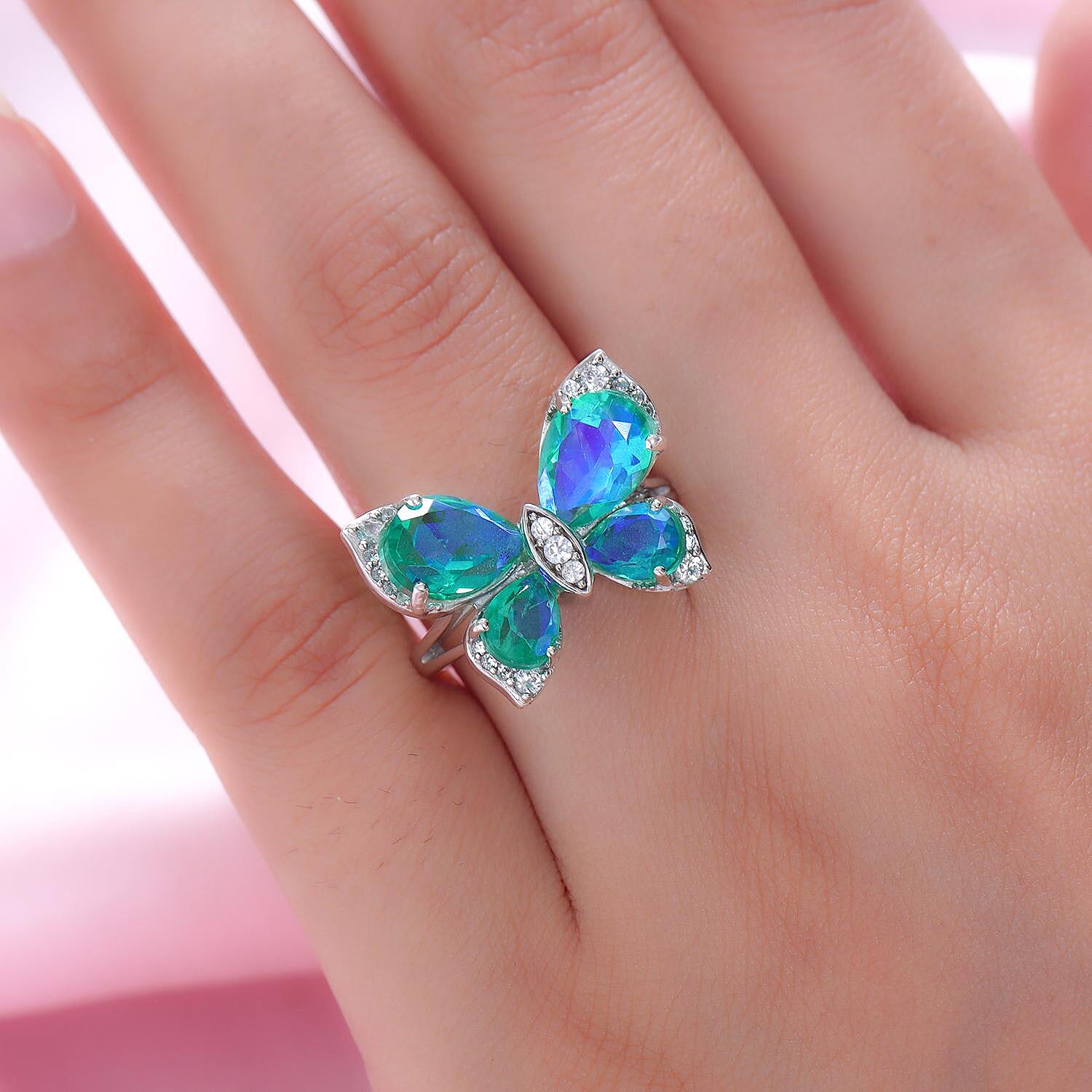 Peacock Triplet Quartz and Natural Cambodian Zircon Butterfly Ring in Platinum Overlay Sterling Silver 6.72 Ct.