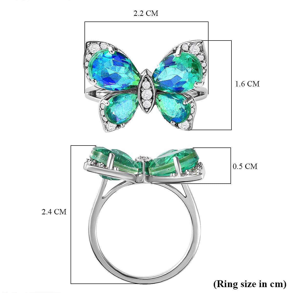 Peacock Triplet Quartz and Natural Cambodian Zircon Butterfly Ring in Platinum Overlay Sterling Silver 6.72 Ct.