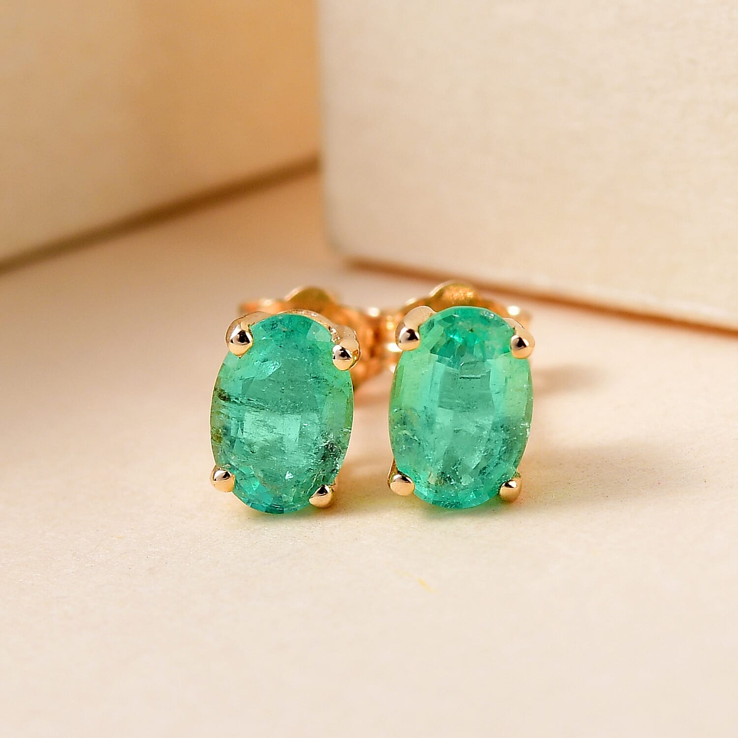 9K Yellow Gold AA Zambian Emerald  Earring With Push Back
