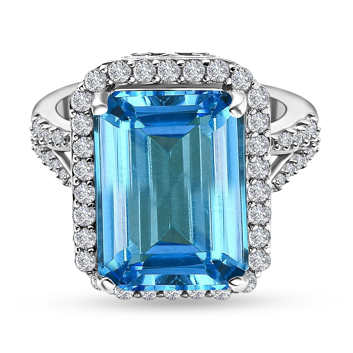 Electric Blue Topaz and Natural Zircon Halo Ring in Platinum Overlay Sterling Silver 10.17 Ct.