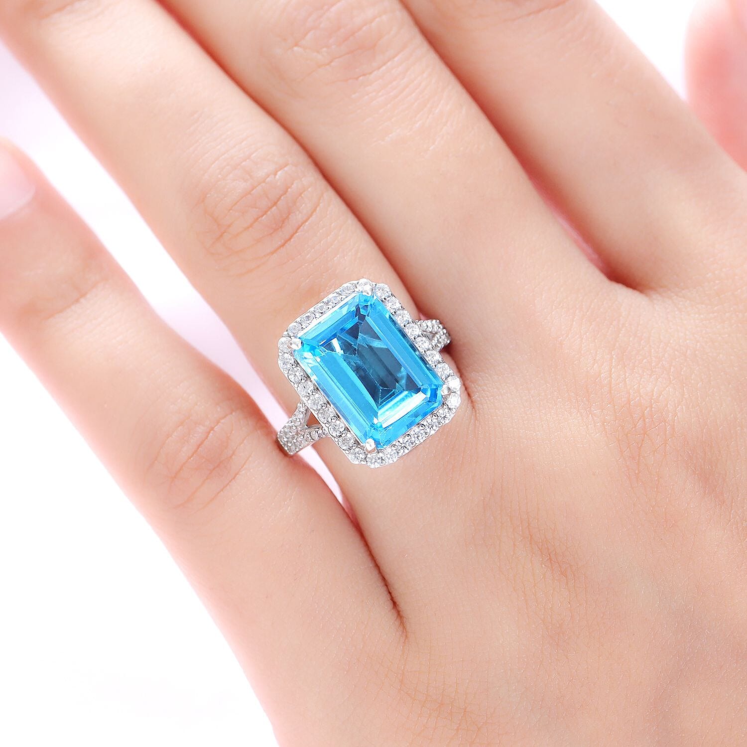 Electric Blue Topaz and Natural Zircon Halo Ring in Platinum Overlay Sterling Silver 10.17 Ct.