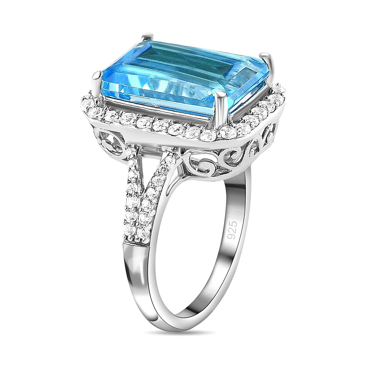 Electric Blue Topaz and Natural Zircon Halo Ring in Platinum Overlay Sterling Silver 10.17 Ct.