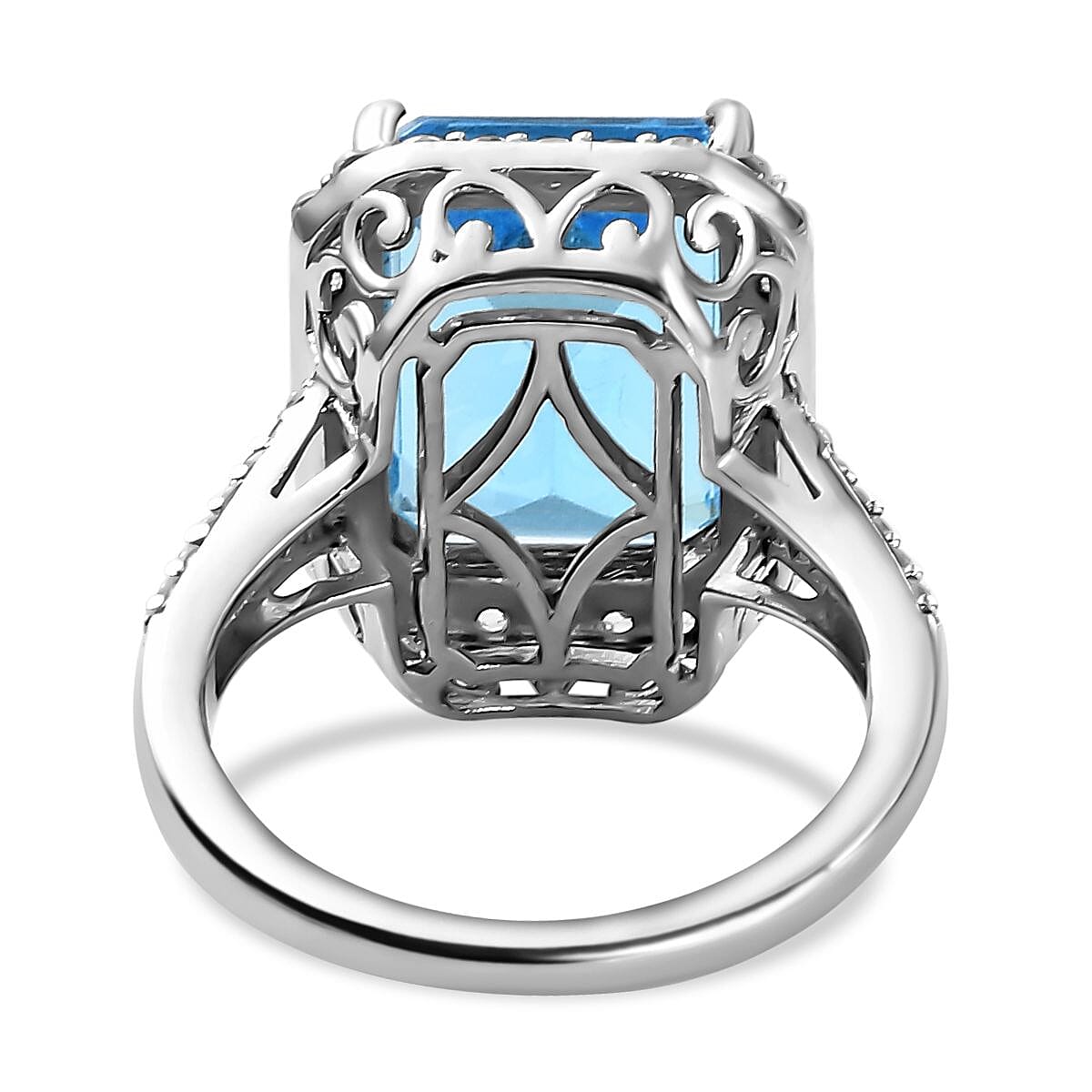 Electric Blue Topaz and Natural Zircon Halo Ring in Platinum Overlay Sterling Silver 10.17 Ct.