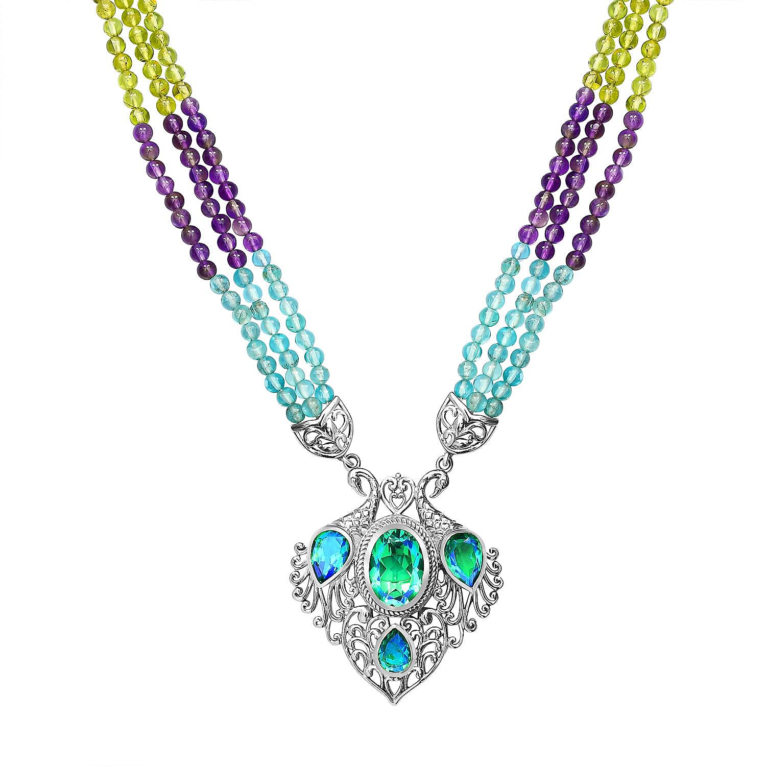Peacock Triplet Quartz and Amethyst Necklace (Size - 18-2 Inch Ext.) in Platinum Overlay Sterling Silver 192.20 Ct, Silver Wt. 9.00 Gms