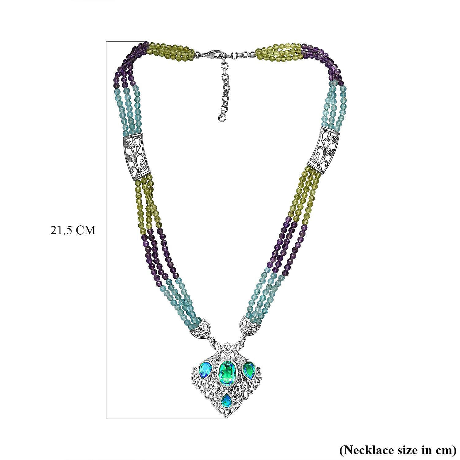 Peacock Triplet Quartz and Amethyst Necklace (Size - 18-2 Inch Ext.) in Platinum Overlay Sterling Silver 192.20 Ct, Silver Wt. 9.00 Gms