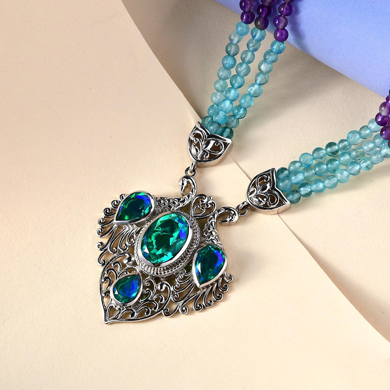 Peacock Triplet Quartz and Amethyst Necklace (Size - 18-2 Inch Ext.) in Platinum Overlay Sterling Silver 192.20 Ct, Silver Wt. 9.00 Gms