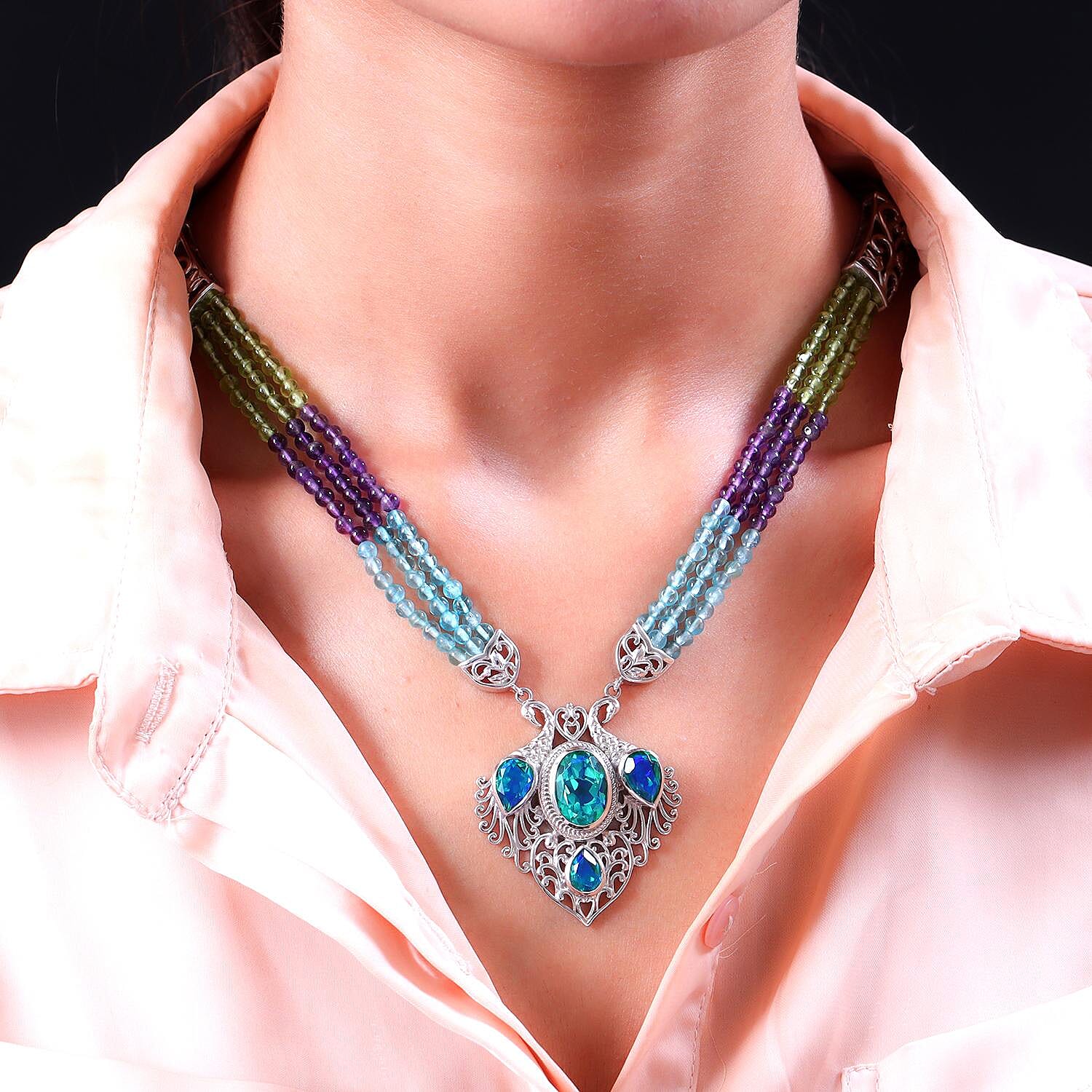 Peacock Triplet Quartz and Amethyst Necklace (Size - 18-2 Inch Ext.) in Platinum Overlay Sterling Silver 192.20 Ct, Silver Wt. 9.00 Gms