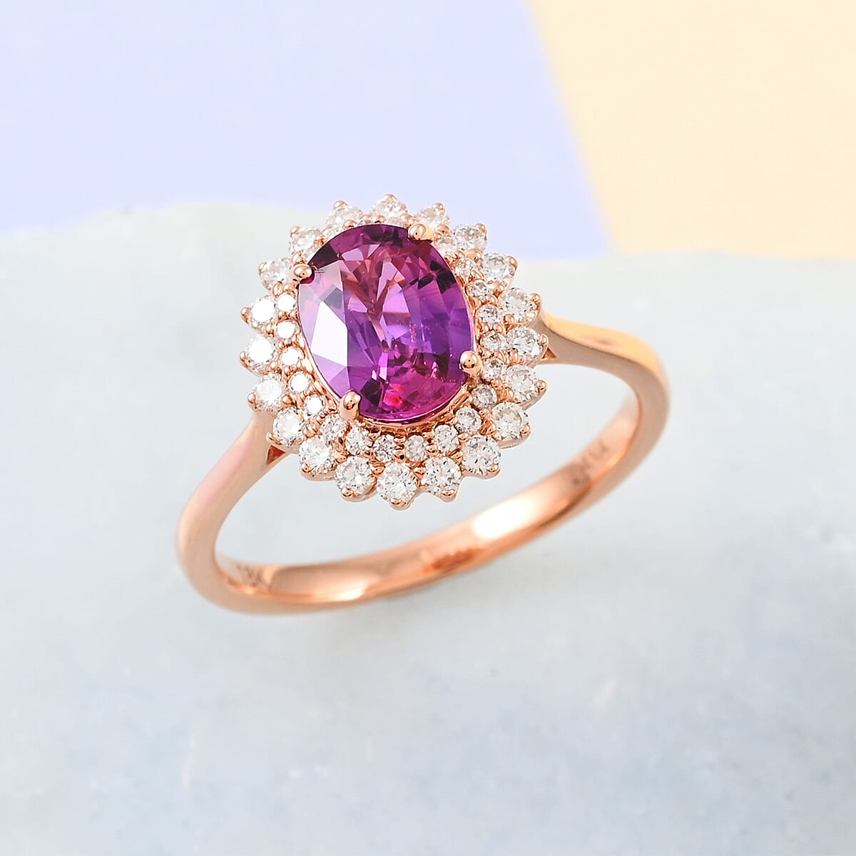 Certified and Appraised 18K Rose Gold AAA Purple Sapphire and Diamond (SI-GH) Double Halo Ring 1.85 Ct.