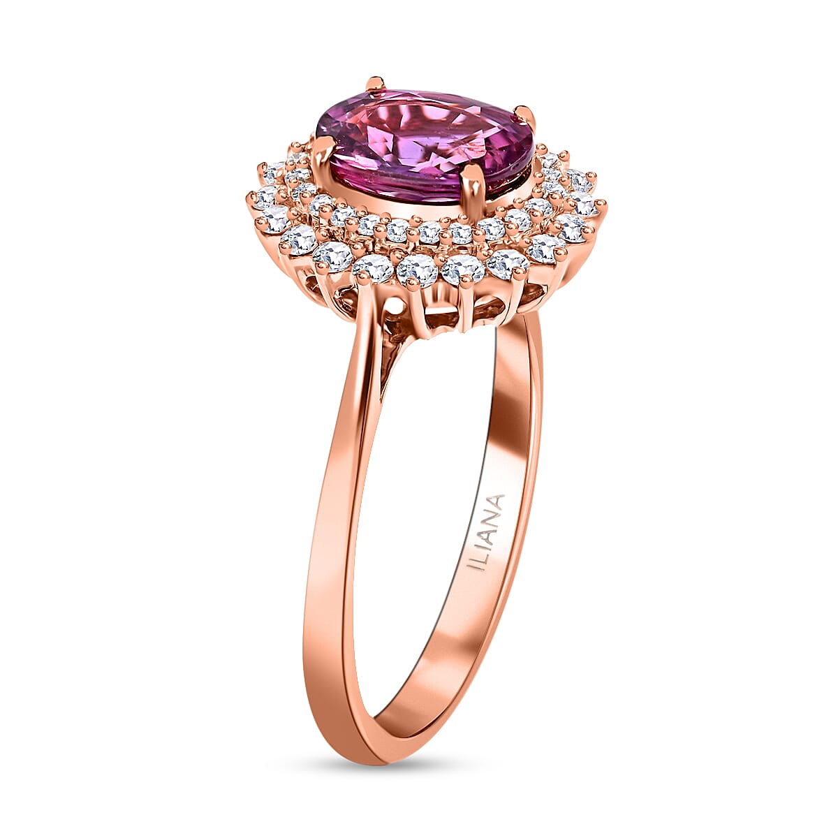 Certified and Appraised 18K Rose Gold AAA Purple Sapphire and Diamond (SI-GH) Double Halo Ring 1.85 Ct.