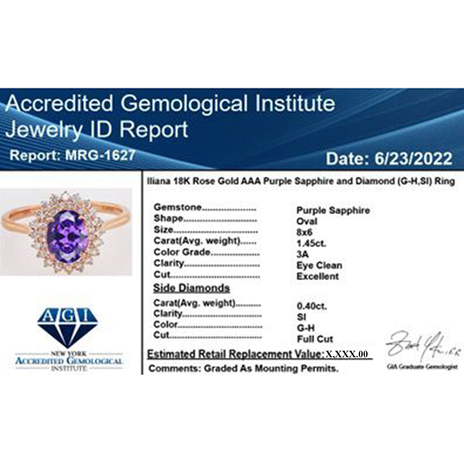 Certified and Appraised 18K Rose Gold AAA Purple Sapphire and Diamond (SI-GH) Double Halo Ring 1.85 Ct.