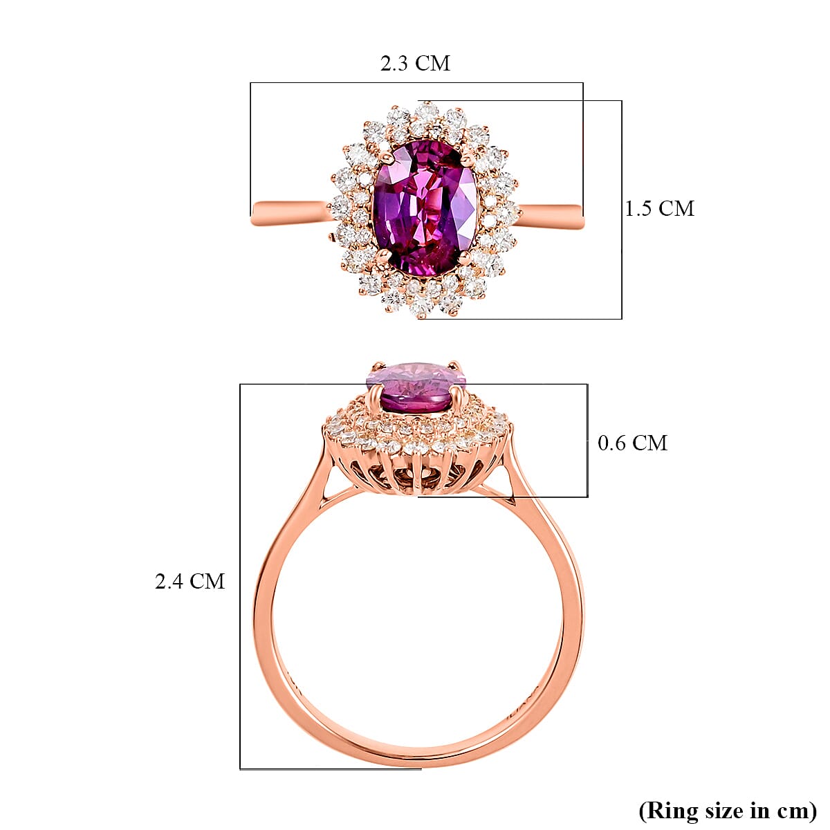Certified and Appraised 18K Rose Gold AAA Purple Sapphire and Diamond (SI-GH) Double Halo Ring 1.85 Ct.