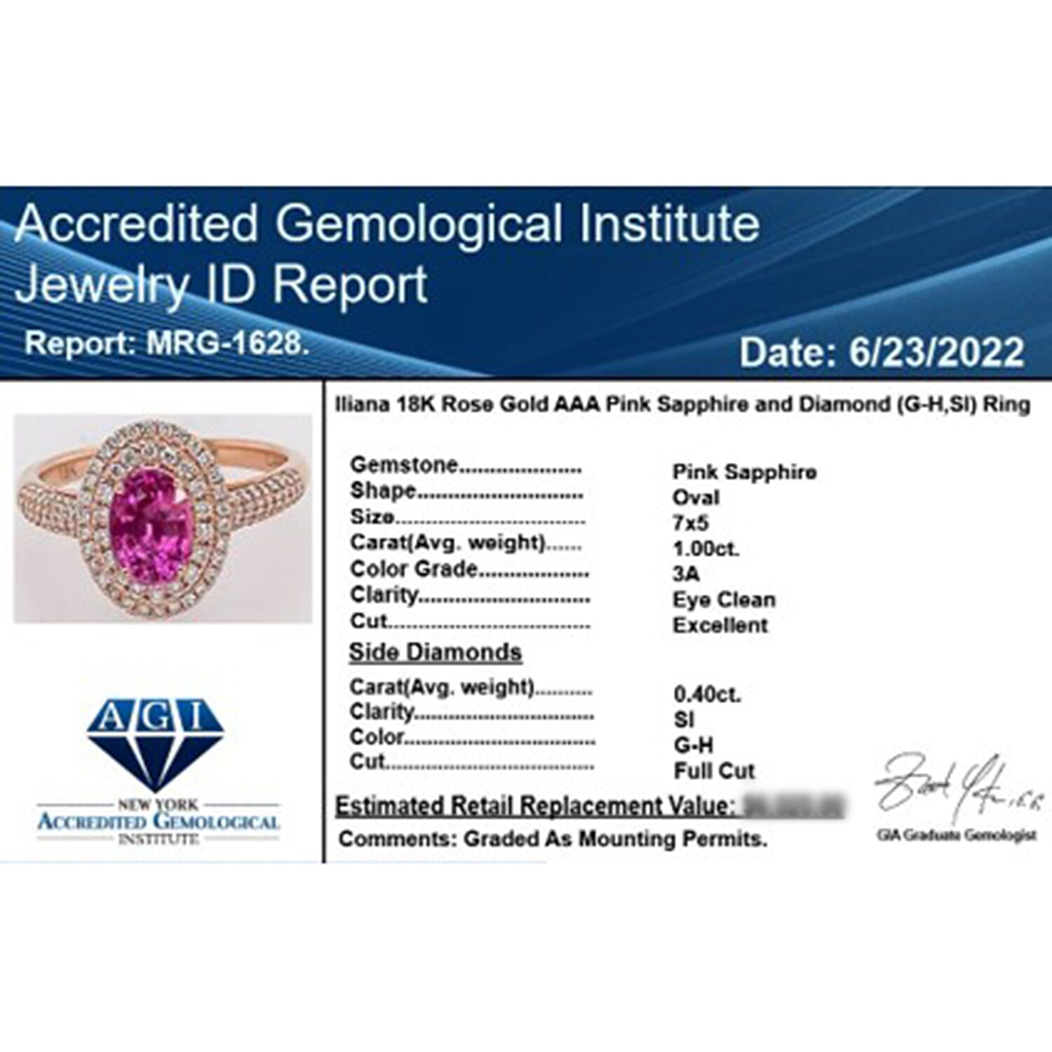 18K Rose Gold  AAA   Pink Sapphire ,  White Diamond  SI Solitaire Ring 1.40 ct,  Gold Wt. 3.58 Gms  1.400  Ct.