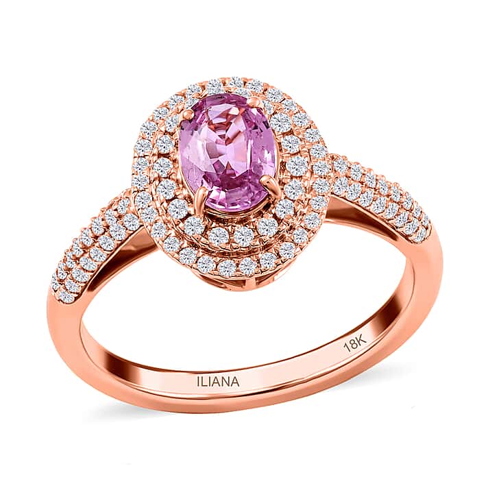 Certified and Appraised ILIANA 18K Rose Gold AAA Pink Sapphire and Diamond SI GH Double Halo Wedding Band Ring 3.58 grams, 1.40 Ct